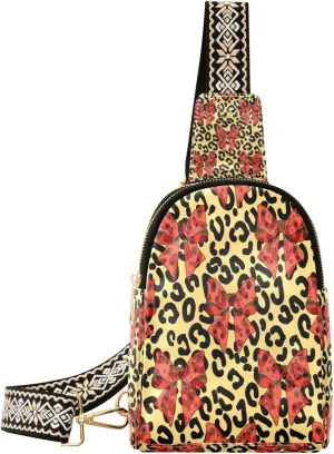 Small Sling Bag Waist Packs Leather Crossbody Packs Chest Bag Leopard Print and Roses for Women Travel Belt Purse