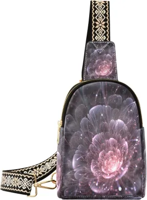 Small Sling Bag Waist Packs Leather Crossbody Packs Chest Bag Pink Abstract Flower with Sparkles for Women Travel Belt Purse