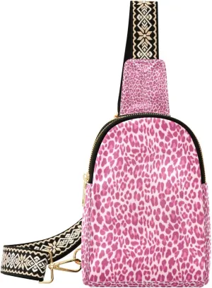 Small Sling Bag Waist Packs Leather Crossbody Packs Chest Bag Pink Fuchsia Leopard for Women Travel Belt Purse