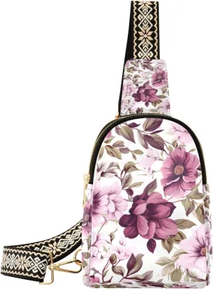 Small Sling Bag Waist Packs Leather Crossbody Packs Chest Bag Pink Purple Floral for Women Travel Belt Purse