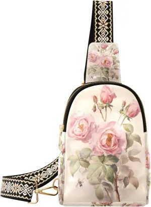 Small Sling Bag Waist Packs Leather Crossbody Packs Chest Bag Pink Rose for Women Travel Belt Purse
