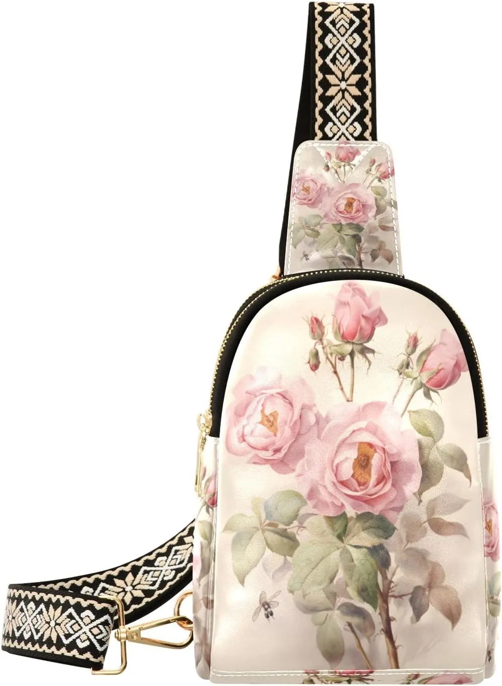 Small Sling Bag Waist Packs Leather Crossbody Packs Chest Bag Pink Rose for Women Travel Belt Purse