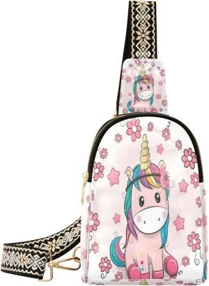 Small Sling Bag Waist Packs Leather Crossbody Packs Chest Bag Pink Unicorn for Women Travel Belt Purse