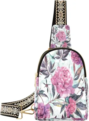 Small Sling Bag Waist Packs Leather Crossbody Packs Chest Bag Purple Flower for Women Travel Belt Purse