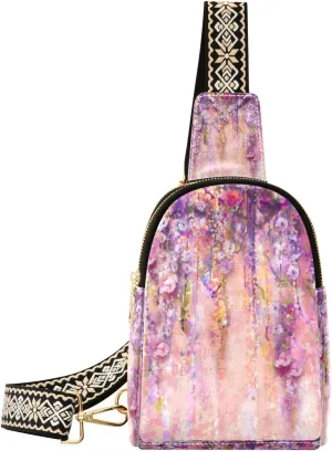 Small Sling Bag Waist Packs Leather Crossbody Packs Chest Bag Purple Painting for Women Travel Belt Purse
