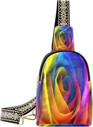 Small Sling Bag Waist Packs Leather Crossbody Packs Chest Bag Rainbow Rose Flower Watercolor for Women Travel Belt Purse