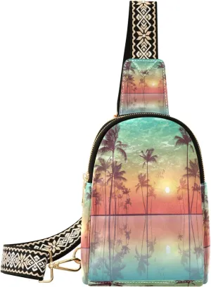 Small Sling Bag Waist Packs Leather Crossbody Packs Chest Bag Tropical Palm Trees for Women Travel Belt Purse