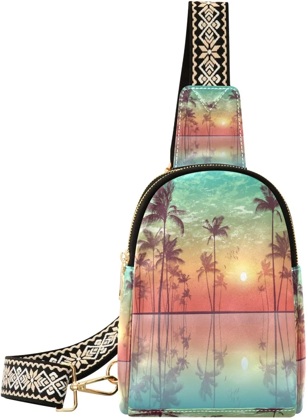 Small Sling Bag Waist Packs Leather Crossbody Packs Chest Bag Tropical Palm Trees for Women Travel Belt Purse