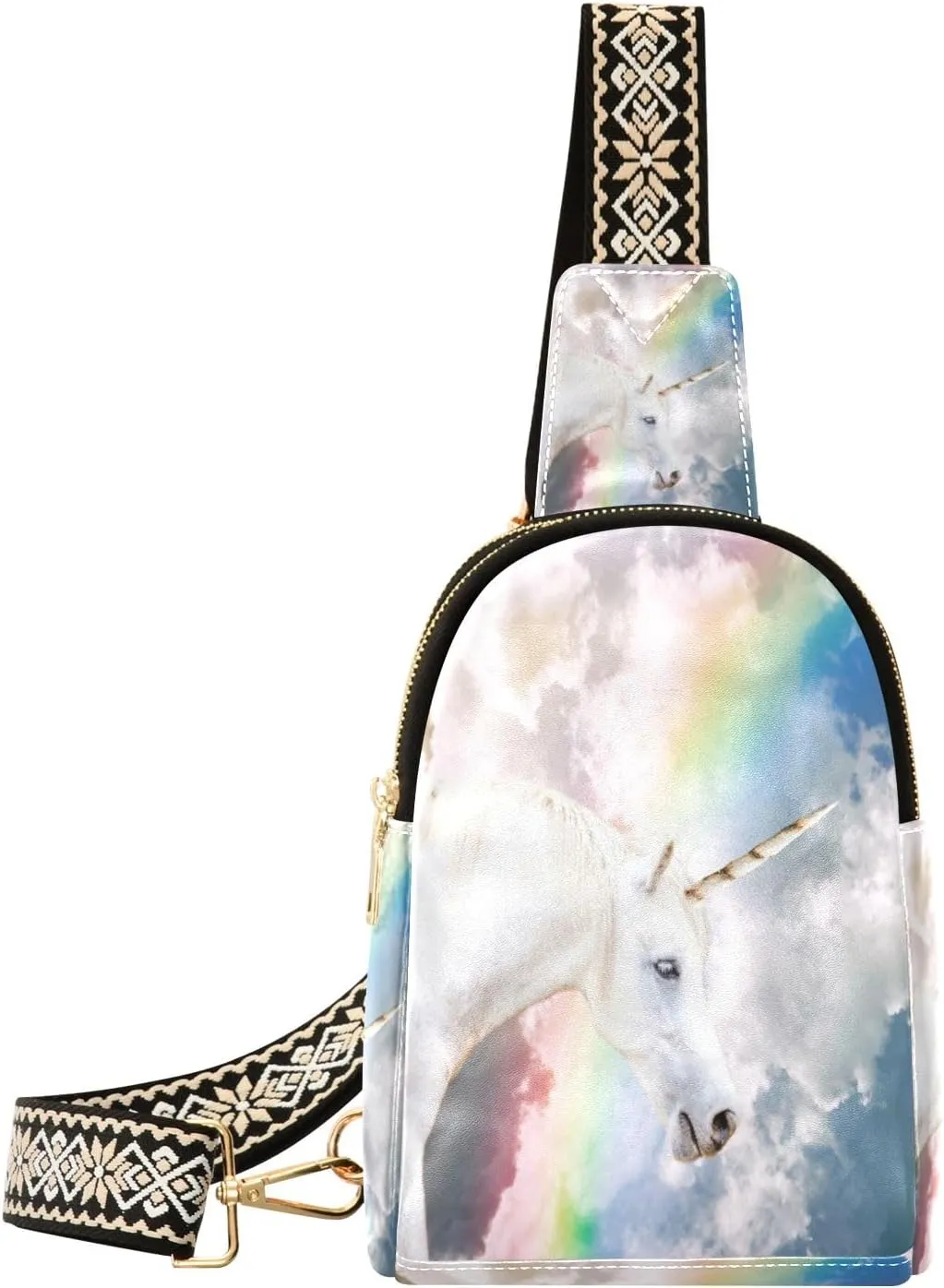 Small Sling Bag Waist Packs Leather Crossbody Packs Chest Bag Unicorn Rainbow for Women Travel Belt Purse