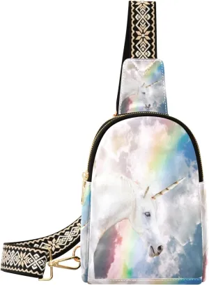 Small Sling Bag Waist Packs Leather Crossbody Packs Chest Bag Unicorn Rainbow for Women Travel Belt Purse