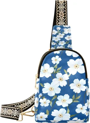 Small Sling Bag Waist Packs Leather Crossbody Packs Chest Bag White Flower Blue Background for Women Travel Belt Purse