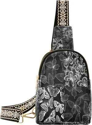 Small Sling Bag Waist Packs Leather Crossbody Packs Chest Bag White Seamless Background with Butterflies for Women Travel Belt Purse