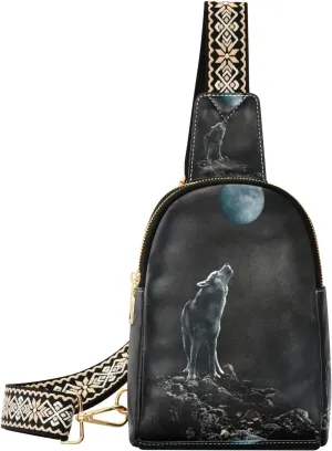 Small Sling Bag Waist Packs Leather Crossbody Packs Chest Bag Wolf and Moon for Women Travel Belt Purse
