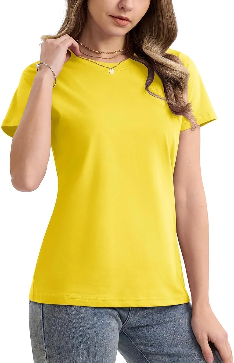 SMENG Women's Cotton Crewneck T-Shirts Short Sleeve Basic Solid Color Tee Classic-Fit Shirt Breathable Comfy Summer Top