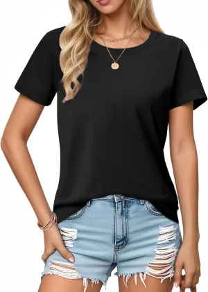 SMENG Women's Cotton Crewneck T-Shirts Short Sleeve Basic Solid Color Tee Classic-Fit Shirt Breathable Comfy Summer Top