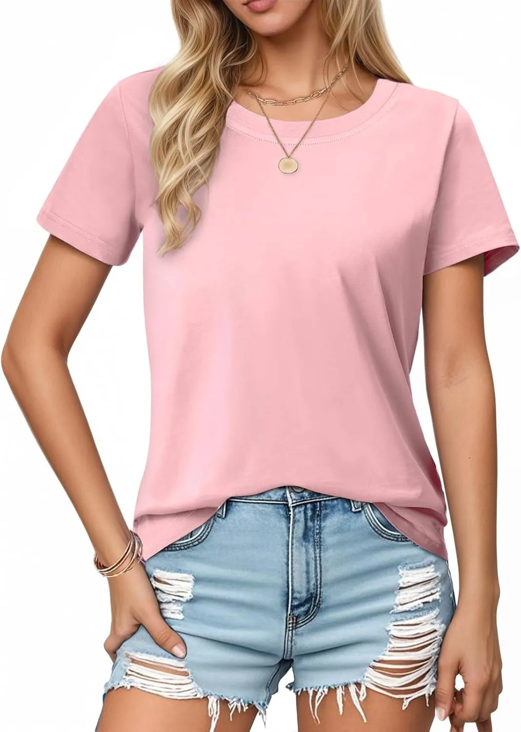 SMENG Women's Cotton Crewneck T-Shirts Short Sleeve Basic Solid Color Tee Classic-Fit Shirt Breathable Comfy Summer Top