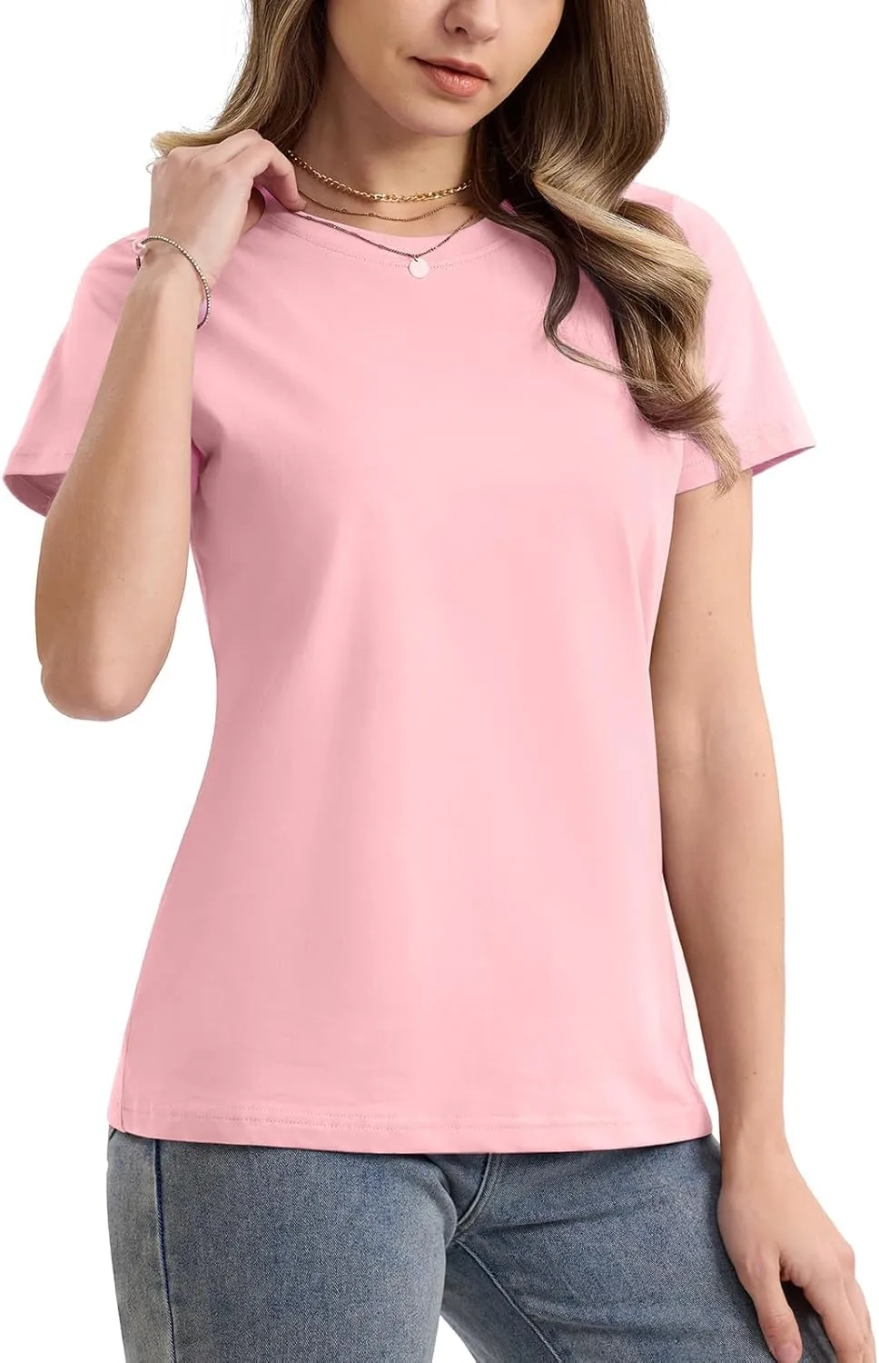 SMENG Women's Cotton Crewneck T-Shirts Short Sleeve Basic Solid Color Tee Classic-Fit Shirt Breathable Comfy Summer Top