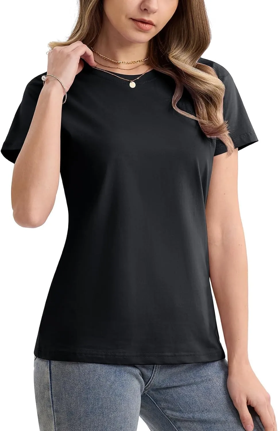 SMENG Women's Cotton Crewneck T-Shirts Short Sleeve Basic Solid Color Tee Classic-Fit Shirt Breathable Comfy Summer Top