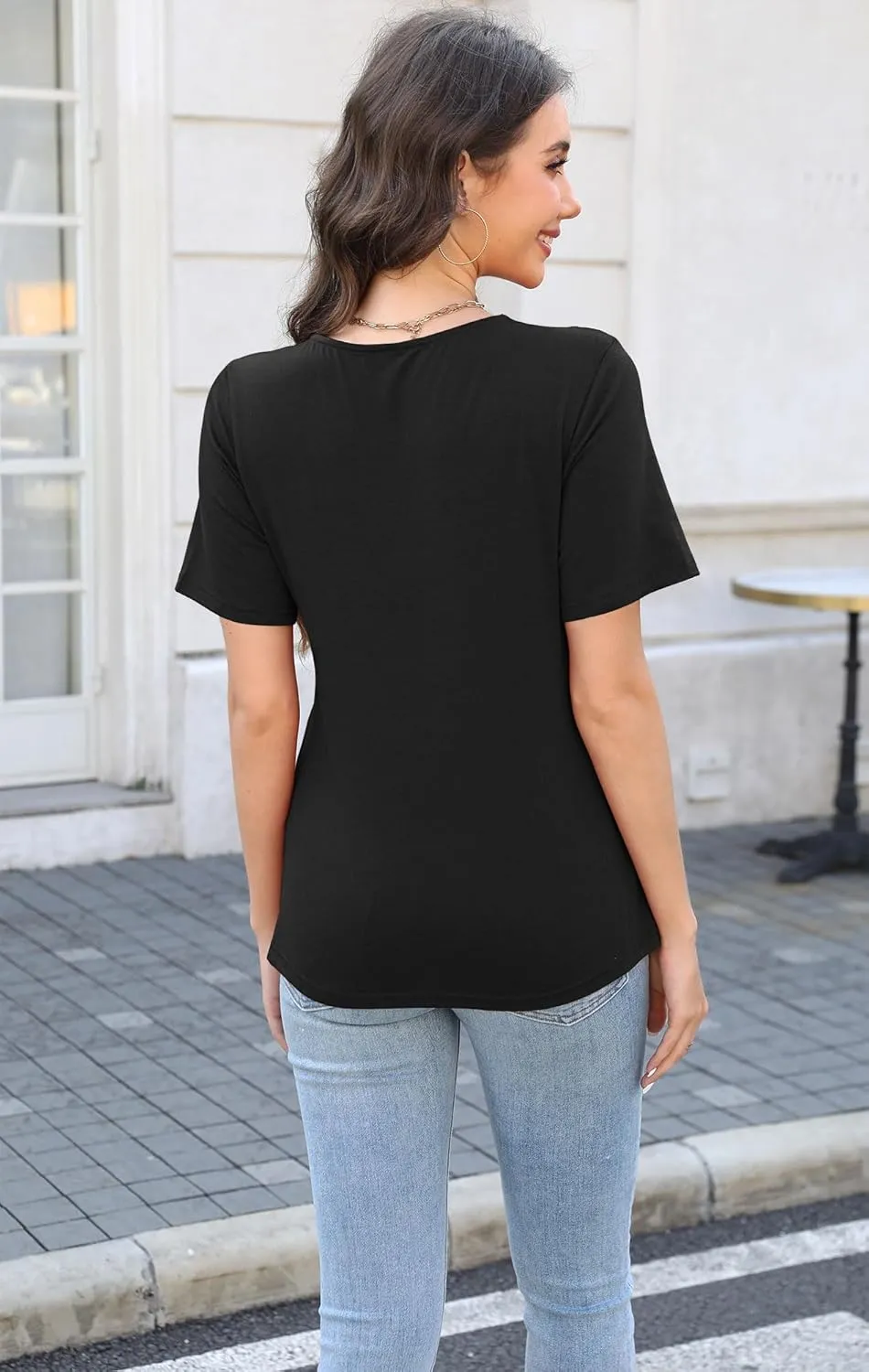 Soesdemo Womens Summer Tops Asymmetrical Neck Short Sleeve Button Dressy Casual Lightweight Tunic T Shirts Blouse