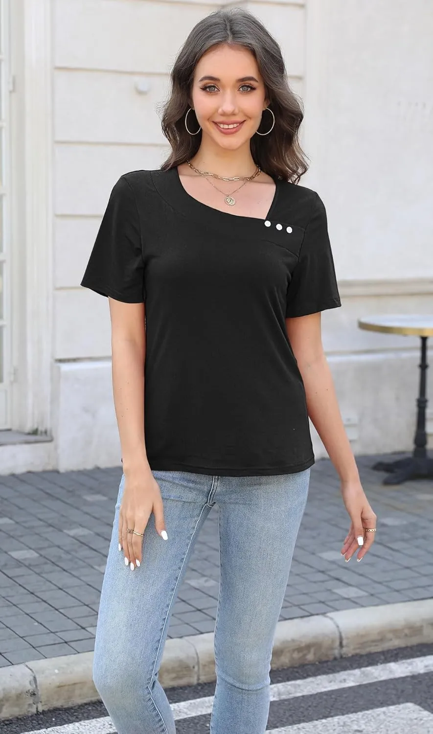 Soesdemo Womens Summer Tops Asymmetrical Neck Short Sleeve Button Dressy Casual Lightweight Tunic T Shirts Blouse