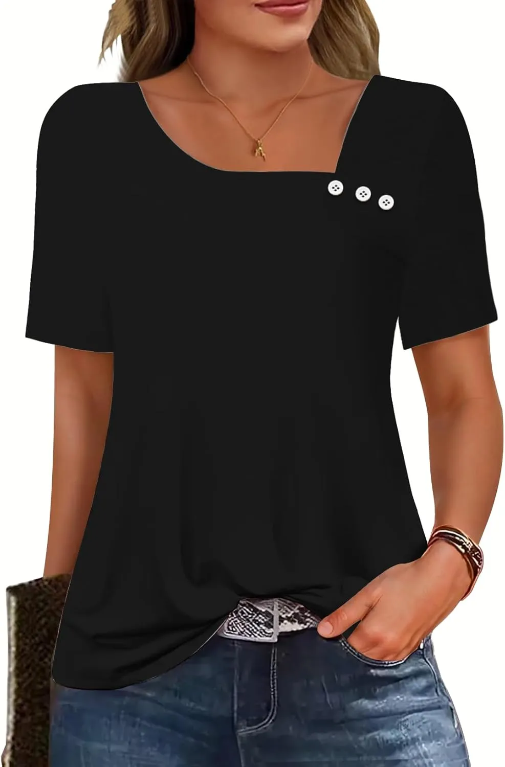 Soesdemo Womens Summer Tops Asymmetrical Neck Short Sleeve Button Dressy Casual Lightweight Tunic T Shirts Blouse