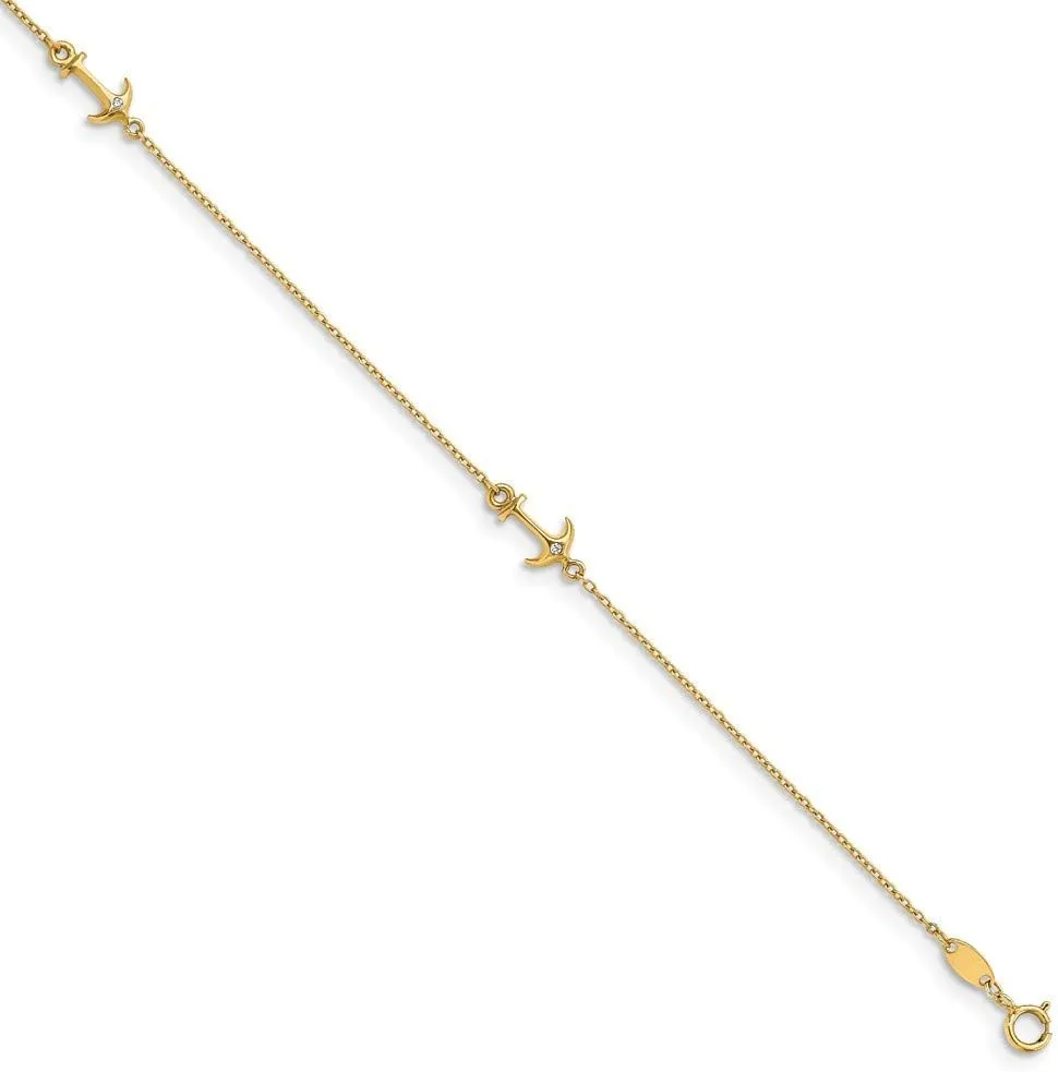 Solid 14k Yellow Gold CZ Cubic Zirconia Anchor Mariner with 1in Extension Anklet 9" (Width = 1mm)
