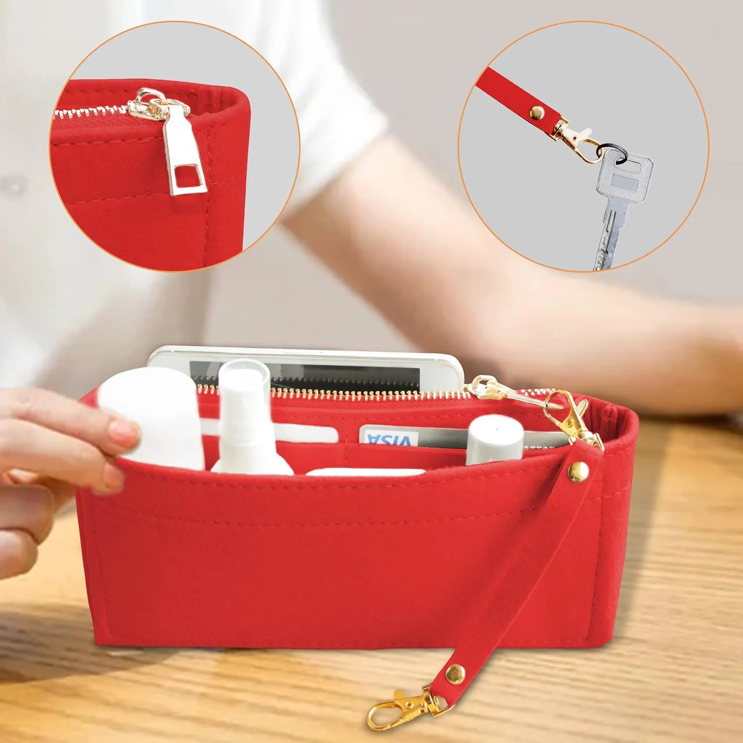 Soyizom Multi Pochette Accessories Handbag Organizer Insert for Women, 2 Packs Purse Organizer Insert Fits for Pochette Tote Bag Organizer with Key Chains and Zipper, Red