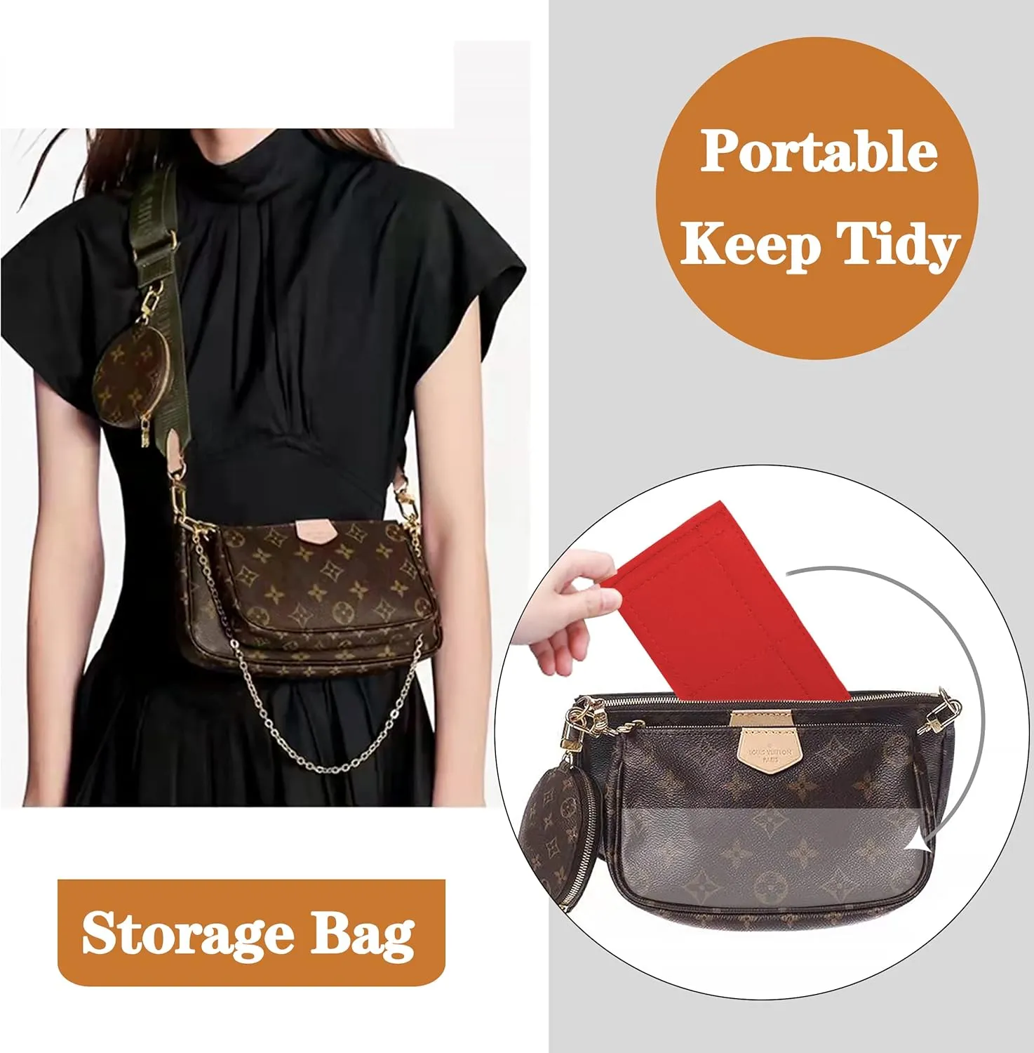 Soyizom Multi Pochette Accessories Handbag Organizer Insert for Women, 2 Packs Purse Organizer Insert Fits for Pochette Tote Bag Organizer with Key Chains and Zipper, Red