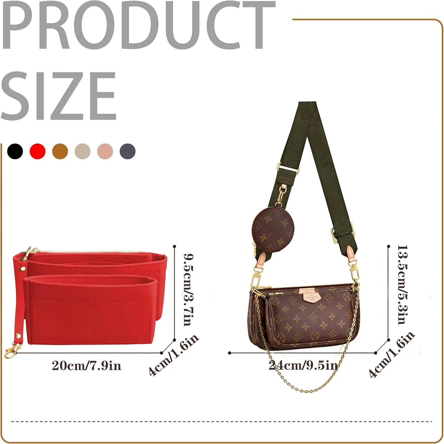 Soyizom Multi Pochette Accessories Handbag Organizer Insert for Women, 2 Packs Purse Organizer Insert Fits for Pochette Tote Bag Organizer with Key Chains and Zipper, Red