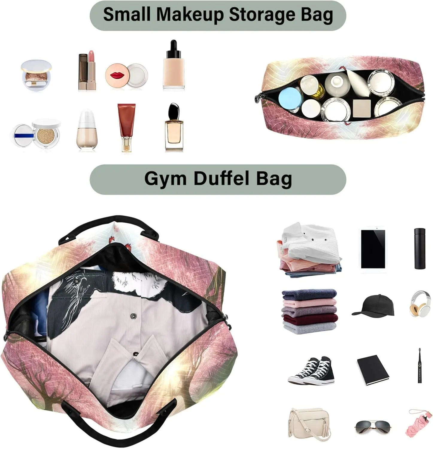 Spring Flowers Cherry Blossom Travel Duffle Bags Toiletry Bags Set of 2, Design Garment Duffel Bag Overnight Bags