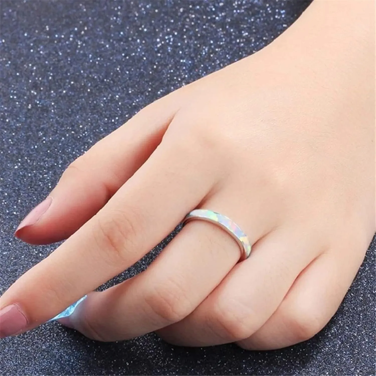 Stackable Stainless Steel Wedding Band with Opal Inlaid Delicate Jewelry for Women Engagement Statement Promise Rings