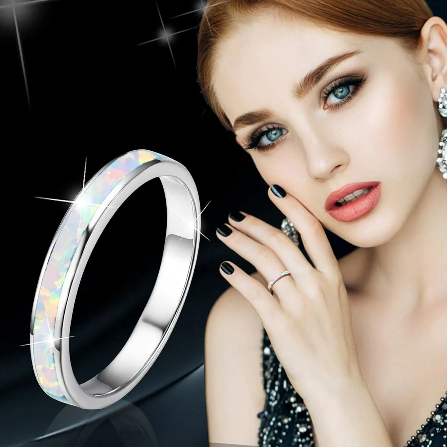 Stackable Stainless Steel Wedding Band with Opal Inlaid Delicate Jewelry for Women Engagement Statement Promise Rings