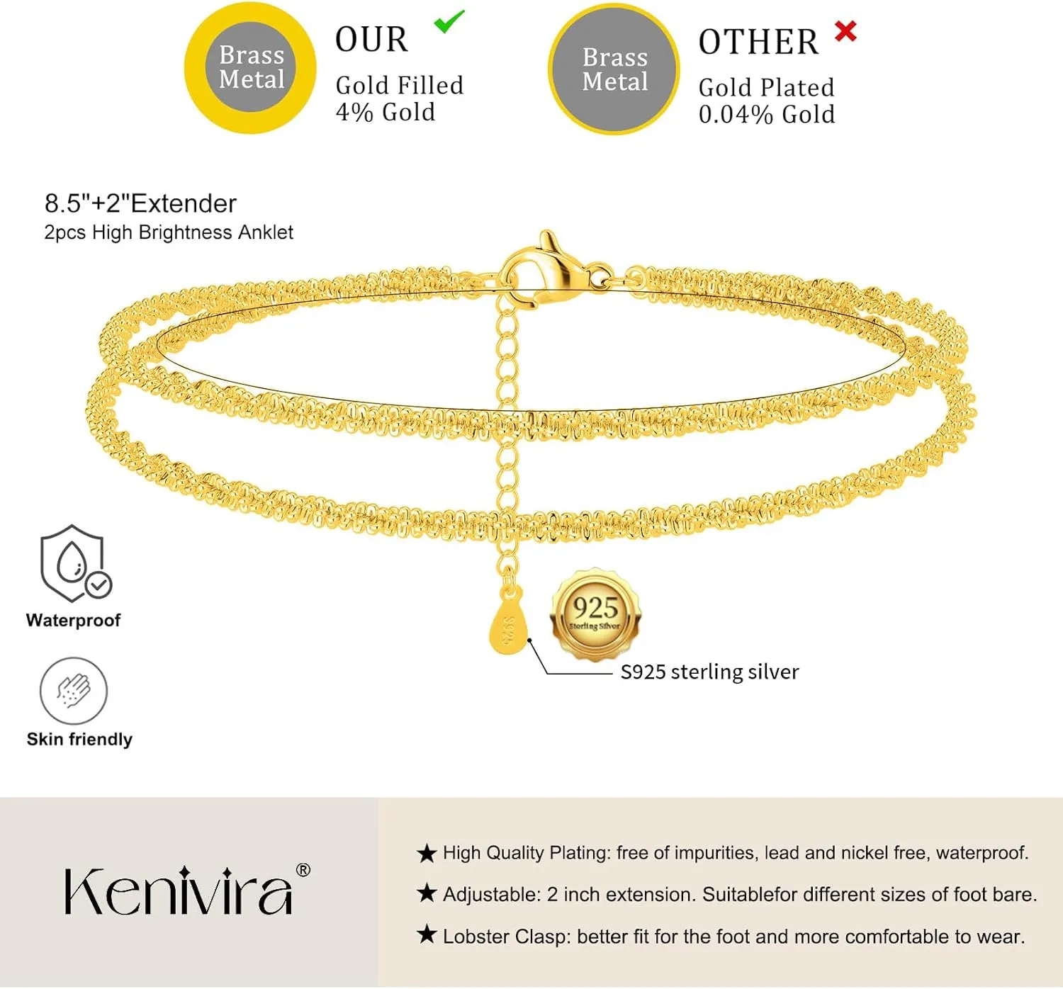 Sterling Silver Ankle Bracelets for Women,Gold Dainty Layered Waterproof Anklet for Women Adjustable, Womens Anklet Set Stackable Plus Size