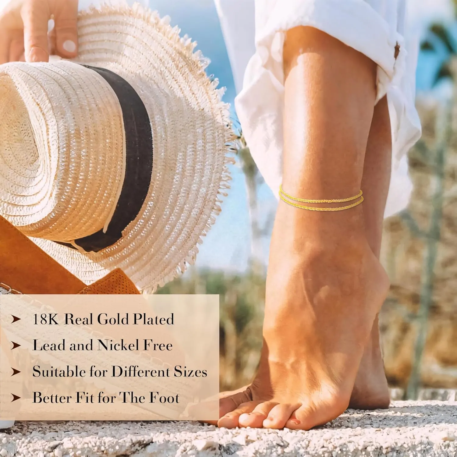 Sterling Silver Ankle Bracelets for Women,Gold Dainty Layered Waterproof Anklet for Women Adjustable, Womens Anklet Set Stackable Plus Size