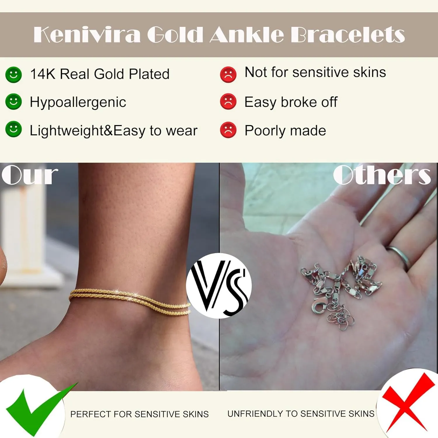 Sterling Silver Ankle Bracelets for Women,Gold Dainty Layered Waterproof Anklet for Women Adjustable, Womens Anklet Set Stackable Plus Size