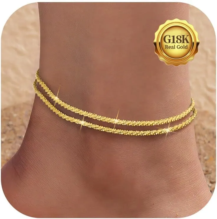 Sterling Silver Ankle Bracelets for Women,Gold Dainty Layered Waterproof Anklet for Women Adjustable, Womens Anklet Set Stackable Plus Size
