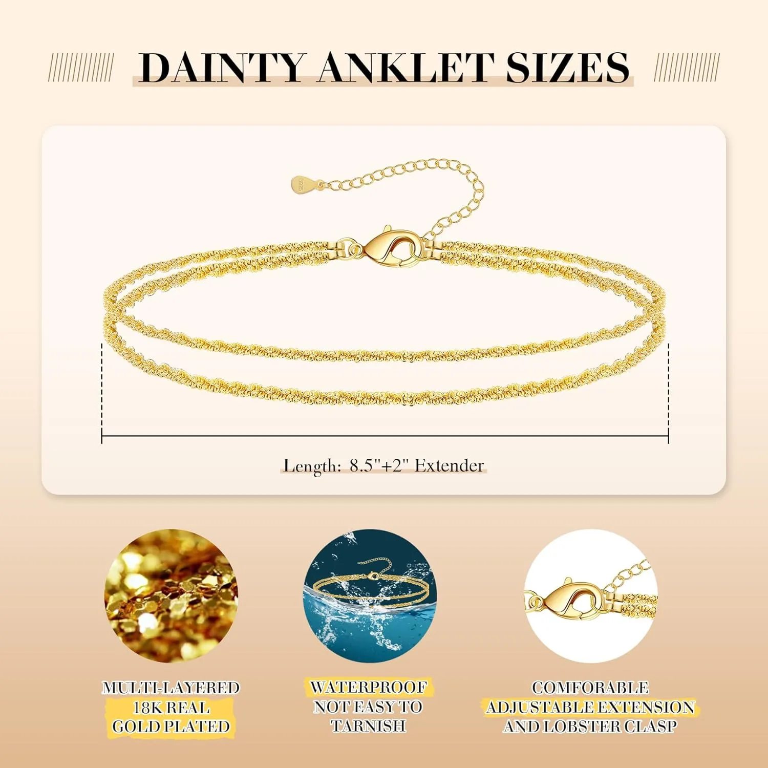 Sterling Silver Ankle Bracelets for Women,Gold Dainty Layered Waterproof Anklet for Women Adjustable, Womens Anklet Set Stackable Plus Size