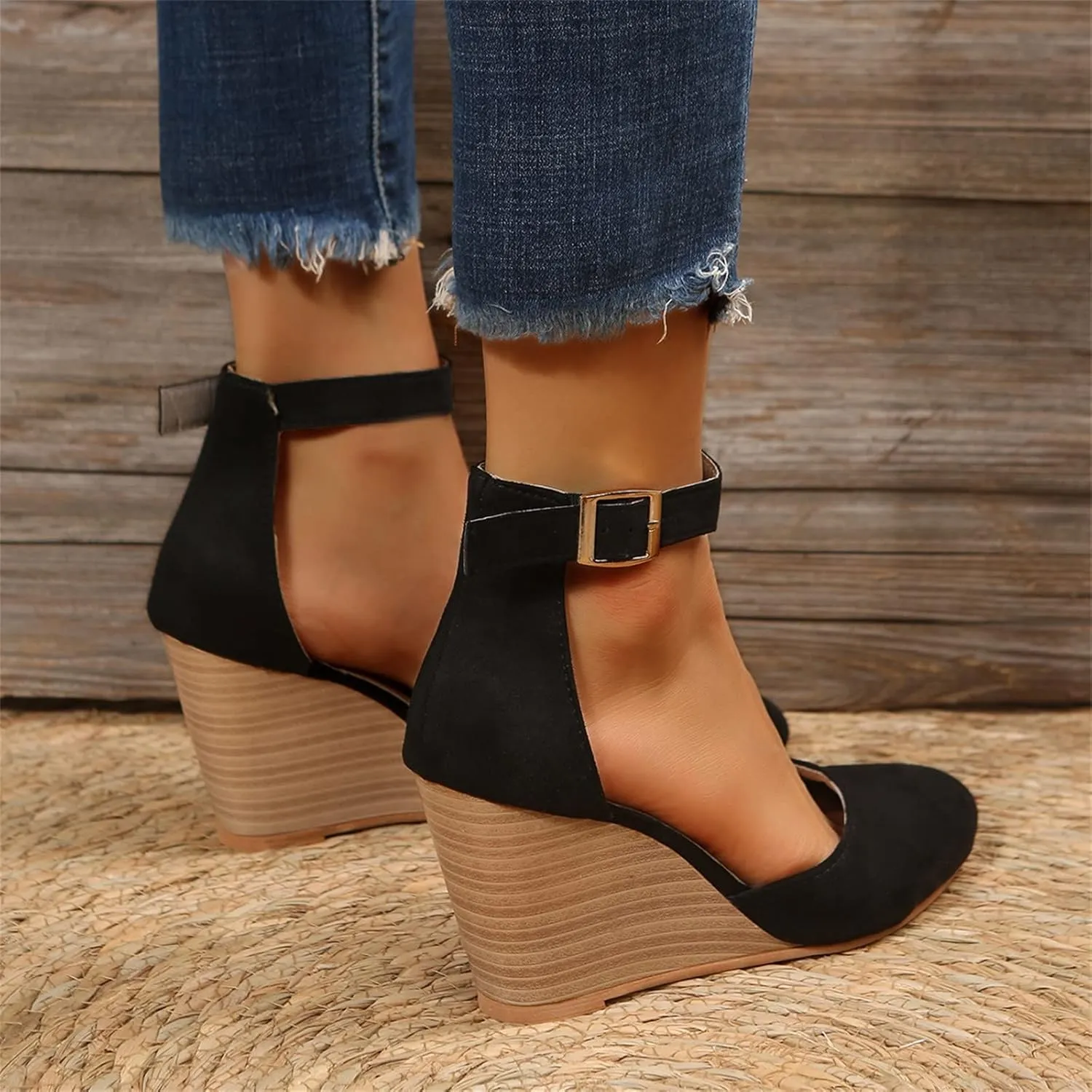 SuanlaTDS Closed Toe Wedge Sandals for Women 2025 Dressy Pointed-toe Platform Buckle Ankle Strap High Heels Elegant Ladies Comfortable Summer Dress Shoes Beach Wedding Wedges Sandal Pum-ps