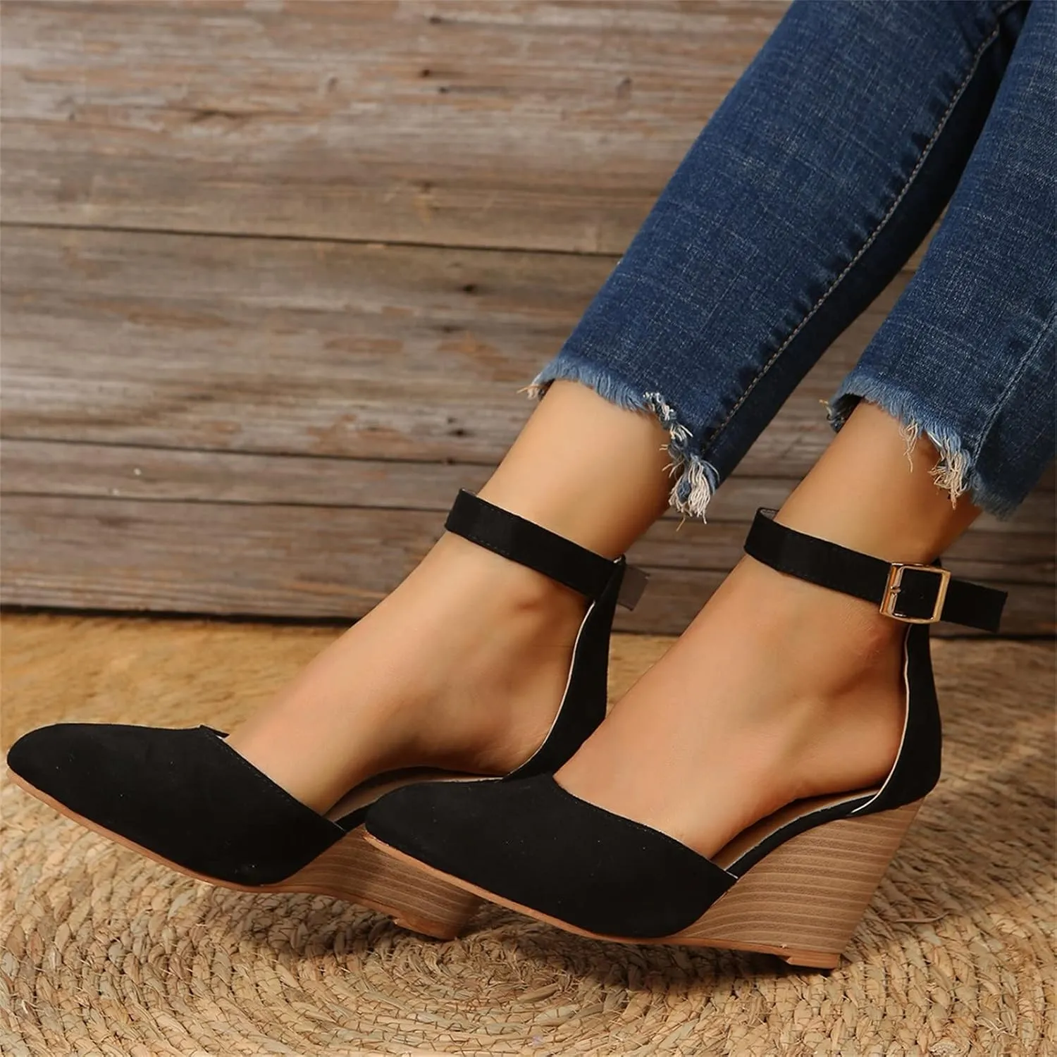 SuanlaTDS Closed Toe Wedge Sandals for Women 2025 Dressy Pointed-toe Platform Buckle Ankle Strap High Heels Elegant Ladies Comfortable Summer Dress Shoes Beach Wedding Wedges Sandal Pum-ps
