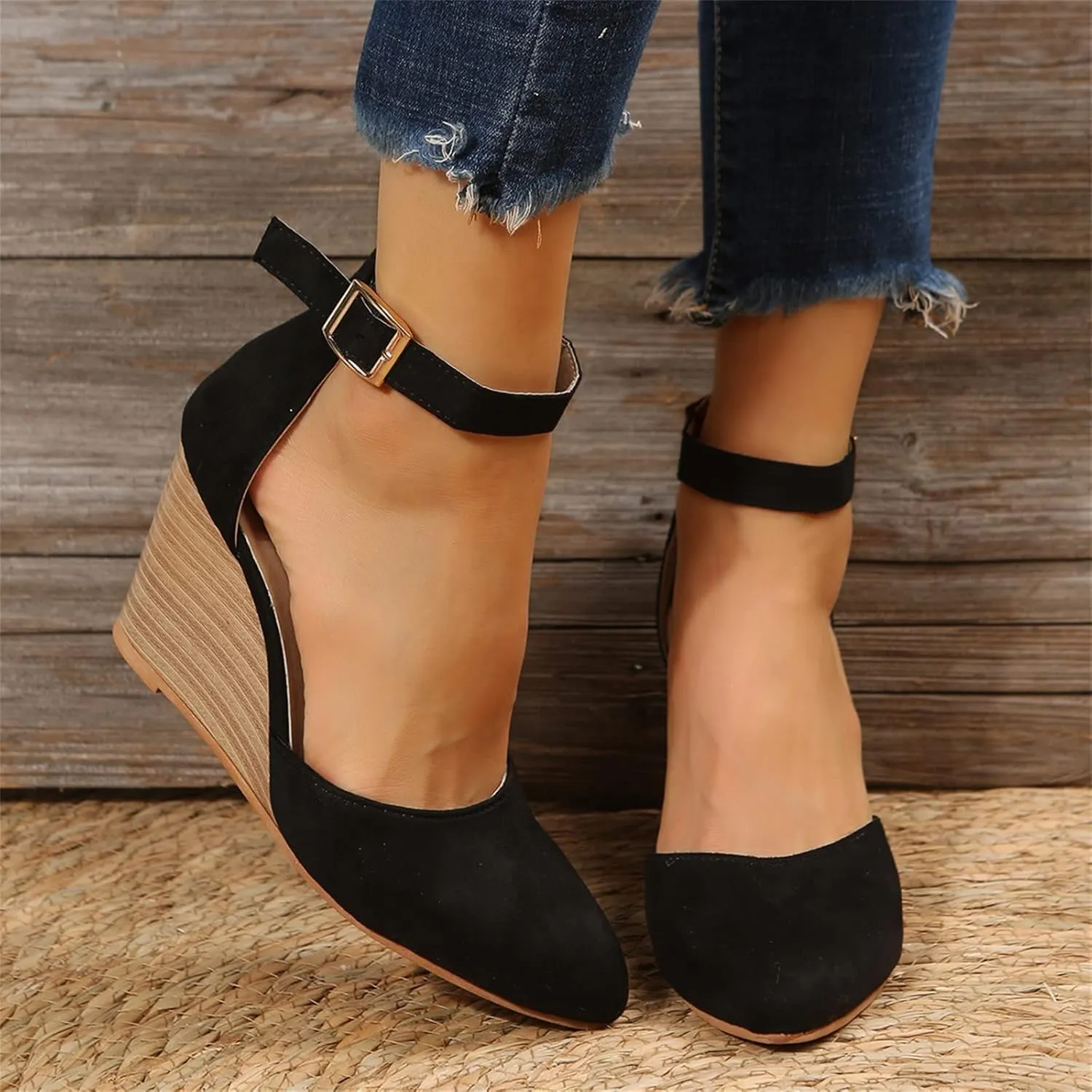 SuanlaTDS Closed Toe Wedge Sandals for Women 2025 Dressy Pointed-toe Platform Buckle Ankle Strap High Heels Elegant Ladies Comfortable Summer Dress Shoes Beach Wedding Wedges Sandal Pum-ps