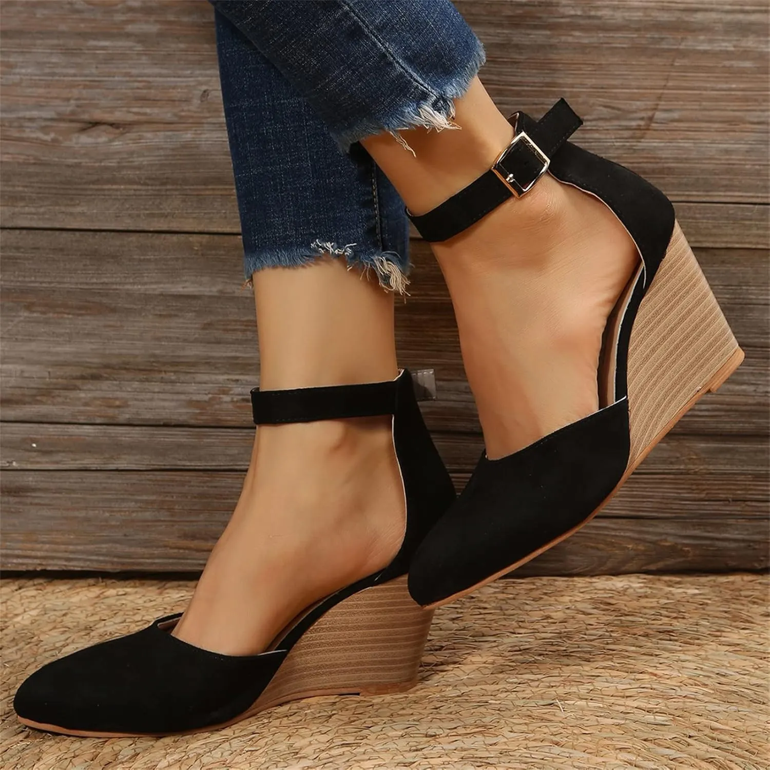 SuanlaTDS Closed Toe Wedge Sandals for Women 2025 Dressy Pointed-toe Platform Buckle Ankle Strap High Heels Elegant Ladies Comfortable Summer Dress Shoes Beach Wedding Wedges Sandal Pum-ps