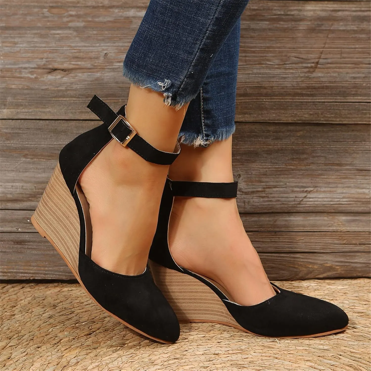 SuanlaTDS Closed Toe Wedge Sandals for Women 2025 Dressy Pointed-toe Platform Buckle Ankle Strap High Heels Elegant Ladies Comfortable Summer Dress Shoes Beach Wedding Wedges Sandal Pum-ps