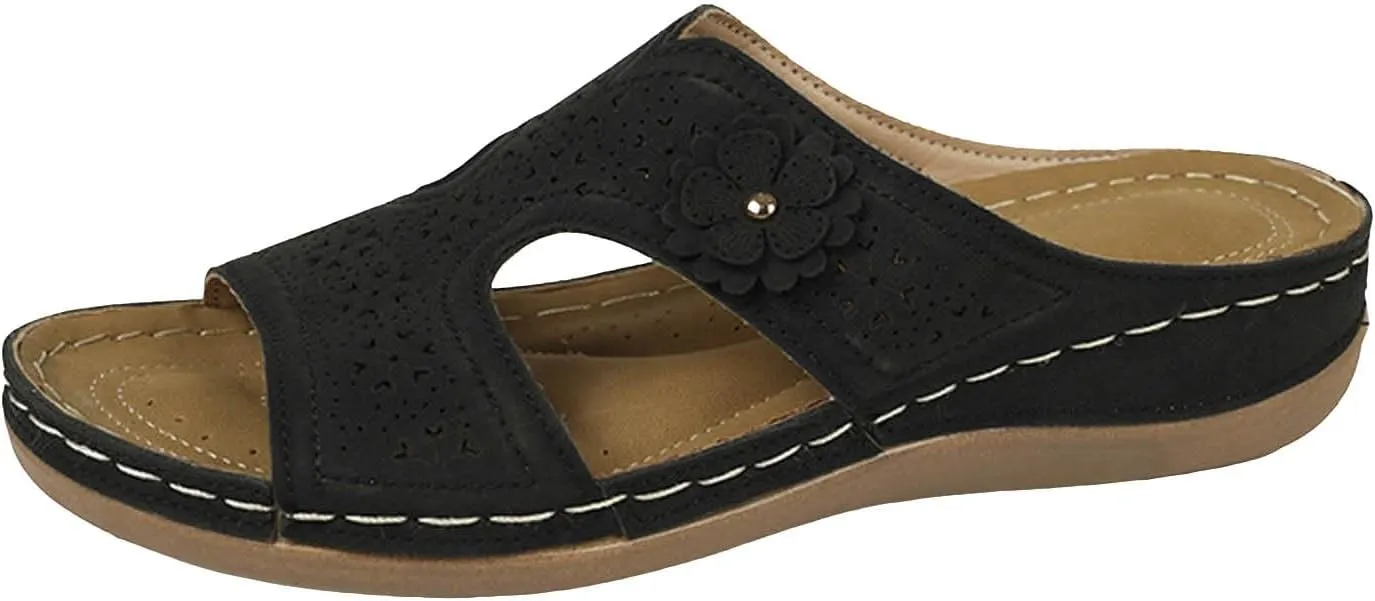 SuanlaTDS Flat Orthopedic Sandals for Women 2025 Dressy Comfortable Arch Support Slip-on Bohemian Low Heel Platform Outdoor Wedge Casual Silppers Open Toe Flats Slippers Summer Walking Shoes