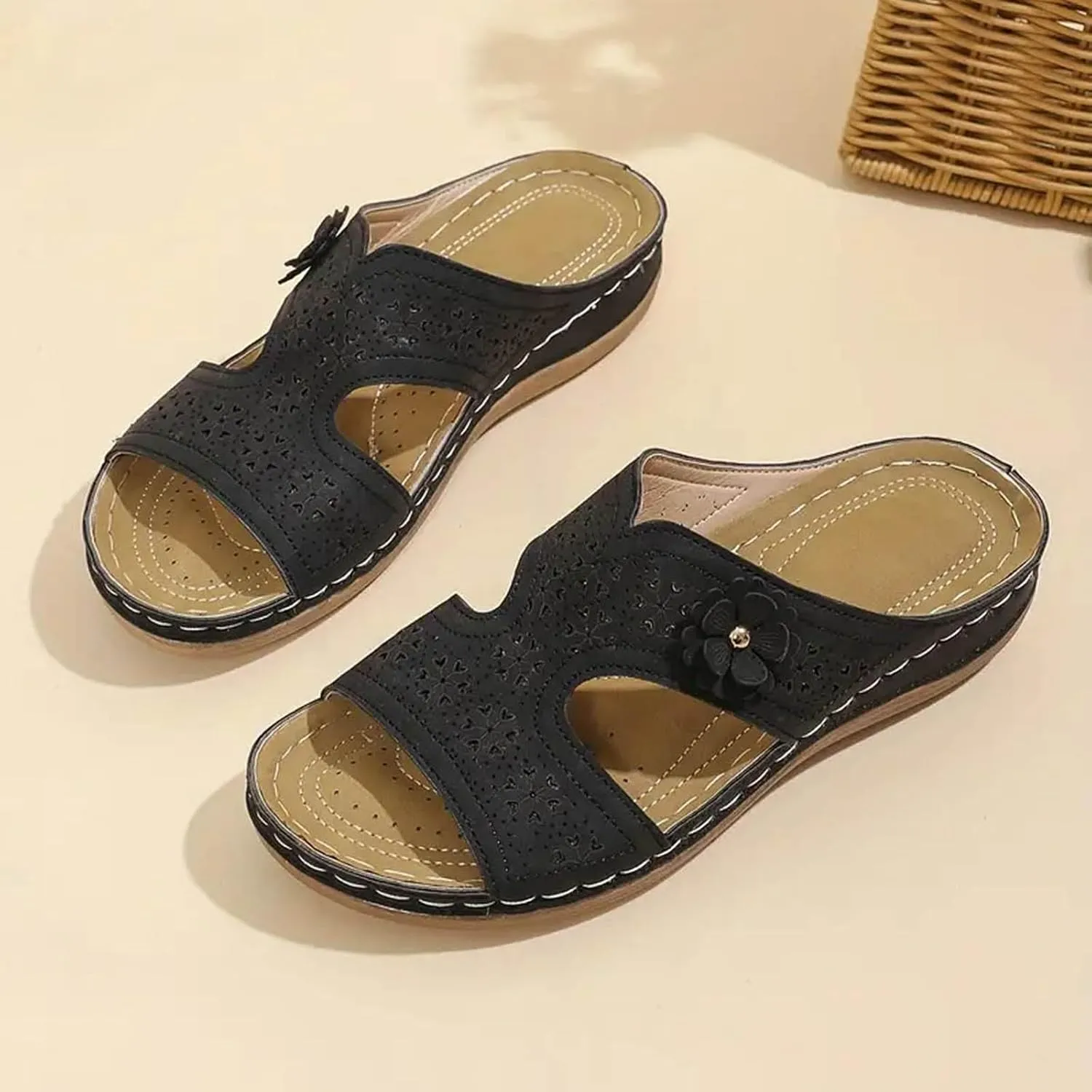 SuanlaTDS Flat Orthopedic Sandals for Women 2025 Dressy Comfortable Arch Support Slip-on Bohemian Low Heel Platform Outdoor Wedge Casual Silppers Open Toe Flats Slippers Summer Walking Shoes