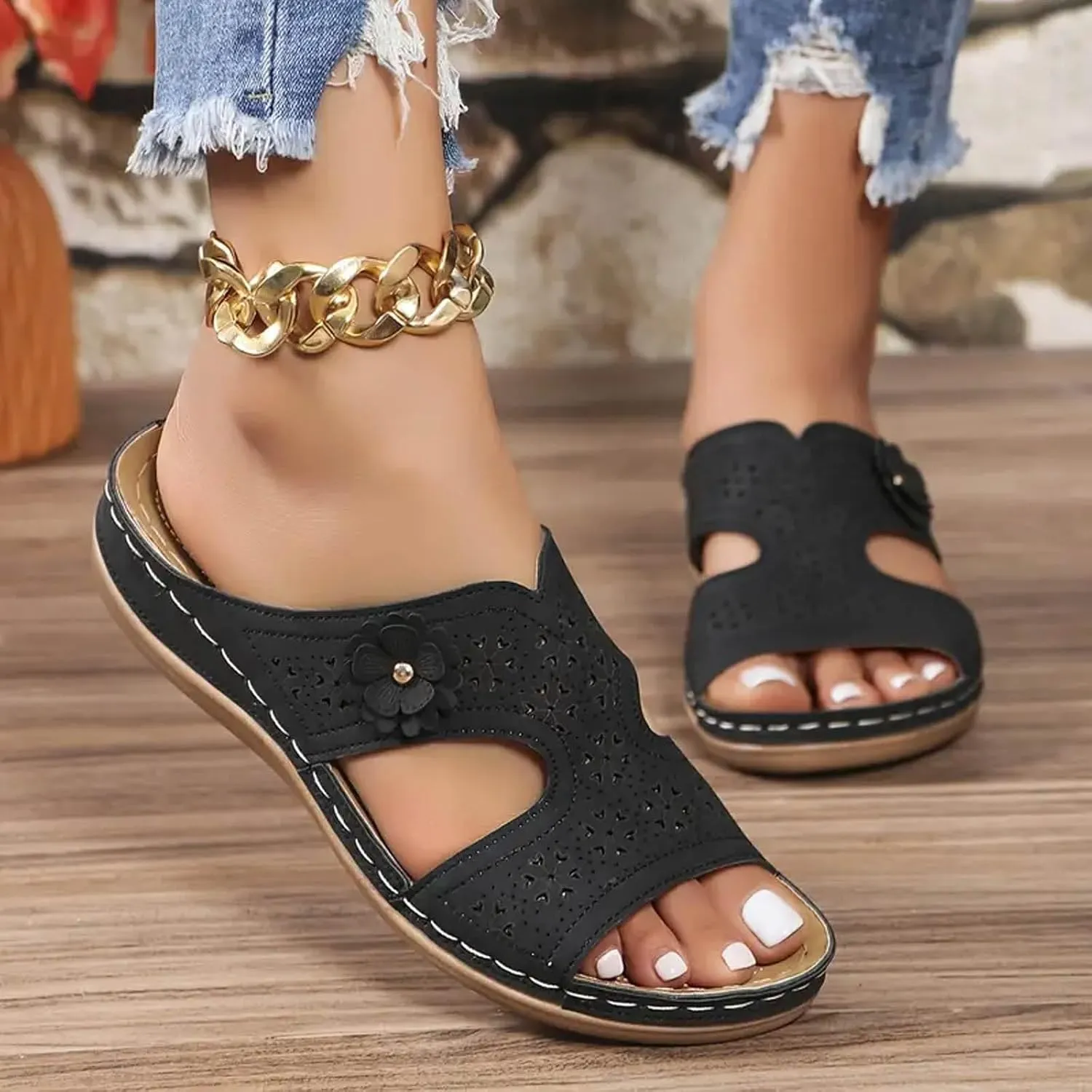 SuanlaTDS Flat Orthopedic Sandals for Women 2025 Dressy Comfortable Arch Support Slip-on Bohemian Low Heel Platform Outdoor Wedge Casual Silppers Open Toe Flats Slippers Summer Walking Shoes