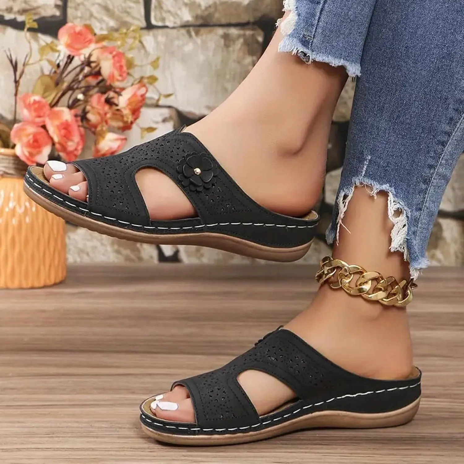 SuanlaTDS Flat Orthopedic Sandals for Women 2025 Dressy Comfortable Arch Support Slip-on Bohemian Low Heel Platform Outdoor Wedge Casual Silppers Open Toe Flats Slippers Summer Walking Shoes