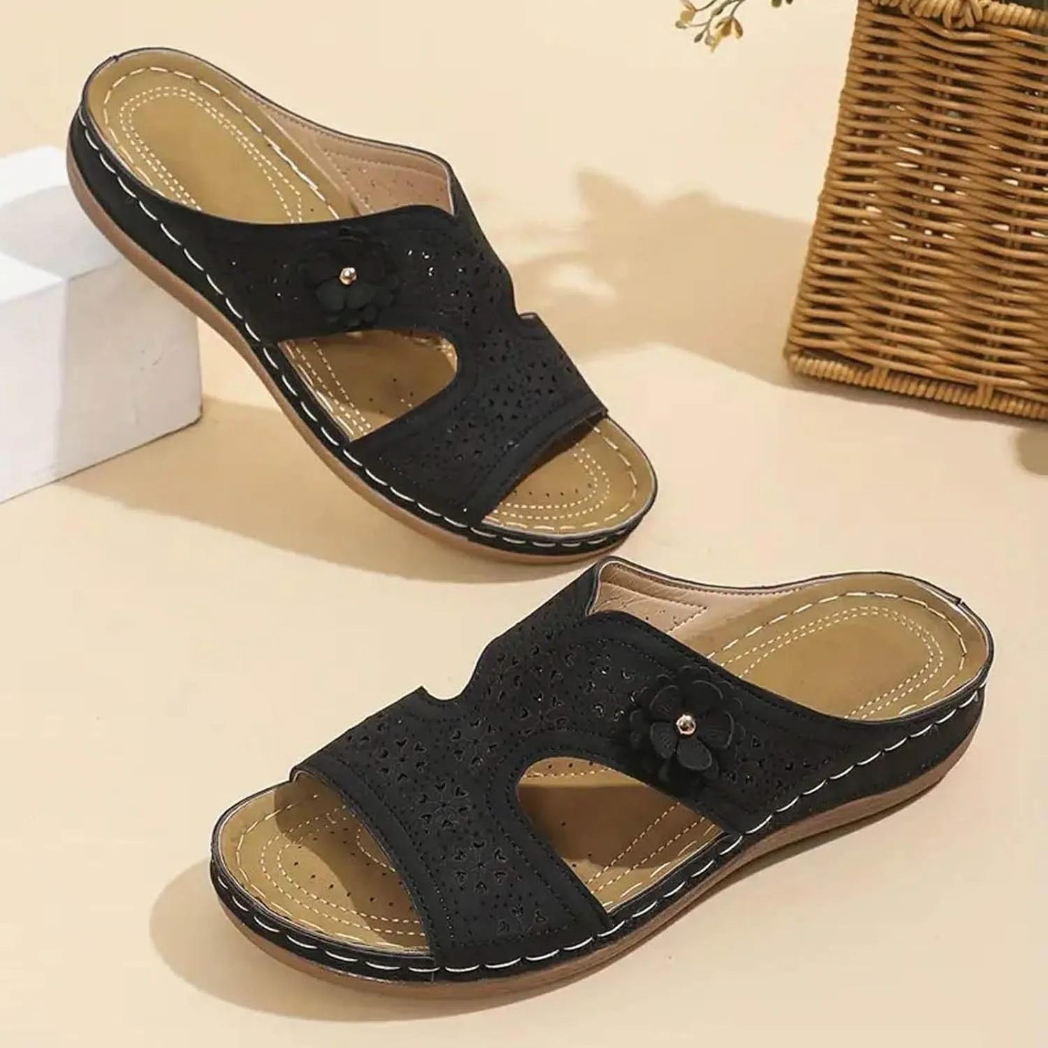 SuanlaTDS Flat Orthopedic Sandals for Women 2025 Dressy Comfortable Arch Support Slip-on Bohemian Low Heel Platform Outdoor Wedge Casual Silppers Open Toe Flats Slippers Summer Walking Shoes