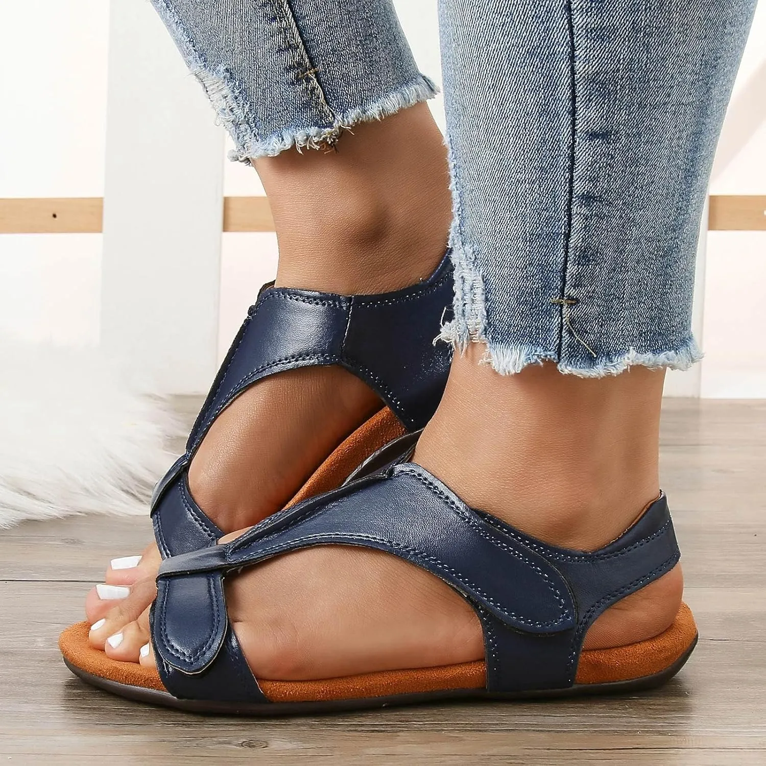 SuanlaTDS Flat Sandals for Women Dressy Summer Bohemian Comfortable Adjustable Ankle Strap Open Toe Platform Low Heels Orthopedic Sandals with Arch Support Elegant Casual Walking Shoes