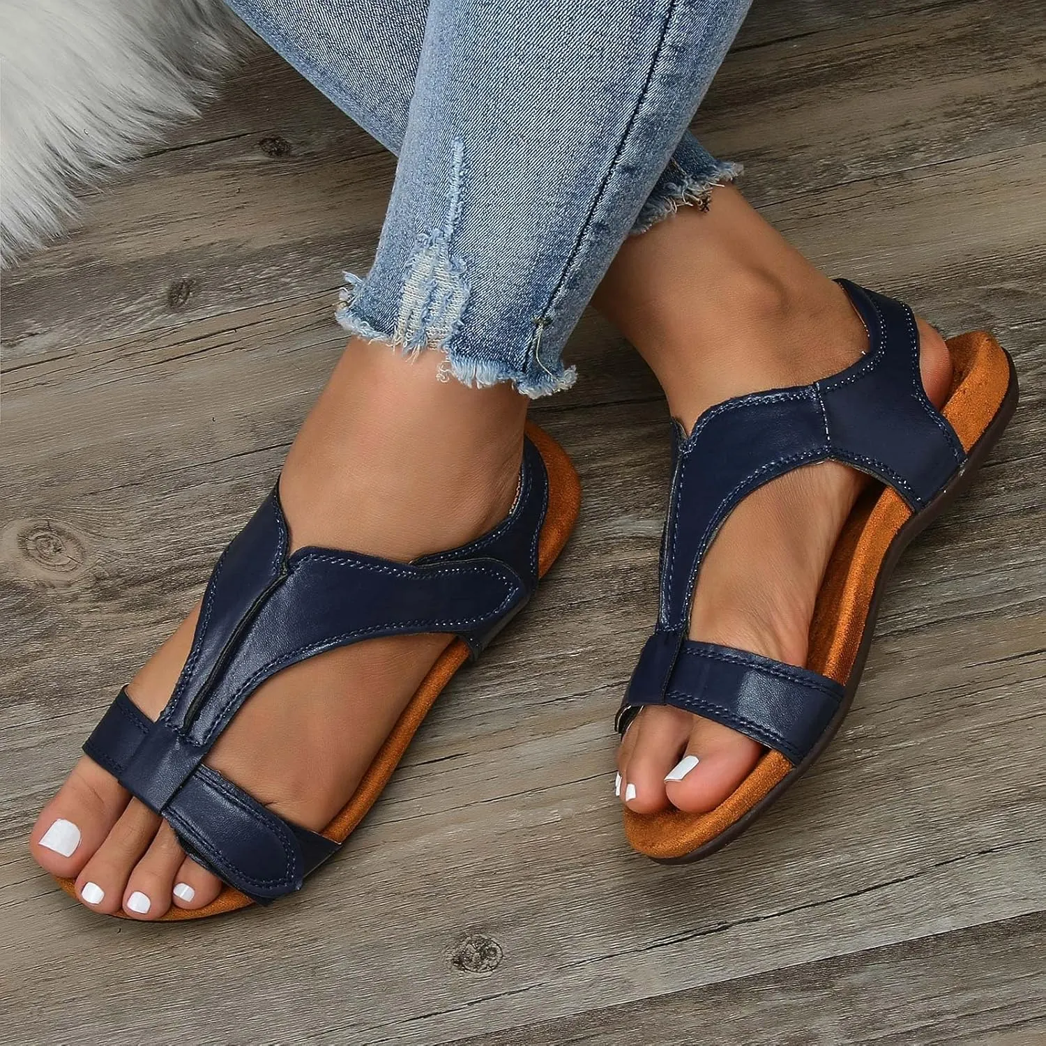 SuanlaTDS Flat Sandals for Women Dressy Summer Bohemian Comfortable Adjustable Ankle Strap Open Toe Platform Low Heels Orthopedic Sandals with Arch Support Elegant Casual Walking Shoes