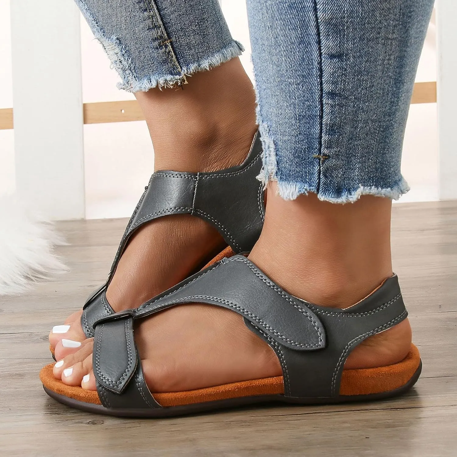 SuanlaTDS Flat Sandals for Women Dressy Summer Bohemian Comfortable Adjustable Ankle Strap Open Toe Platform Low Heels Orthopedic Sandals with Arch Support Elegant Casual Walking Shoes